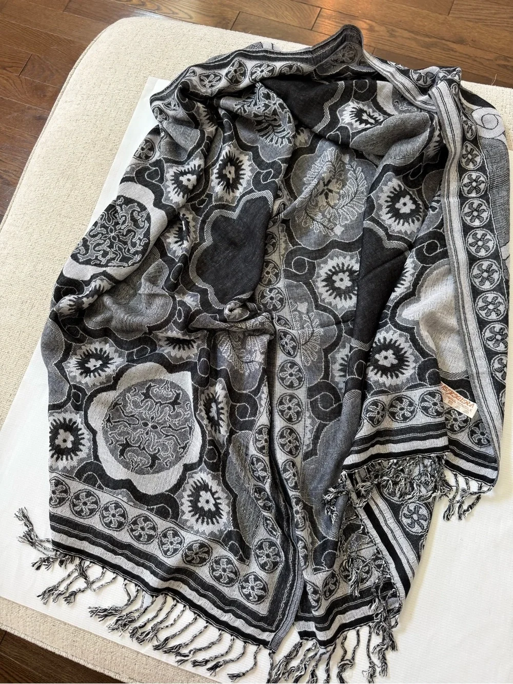 Pashmina Silk Blend Black & Gray Patterned Fringed Wrap Shawl Scarf